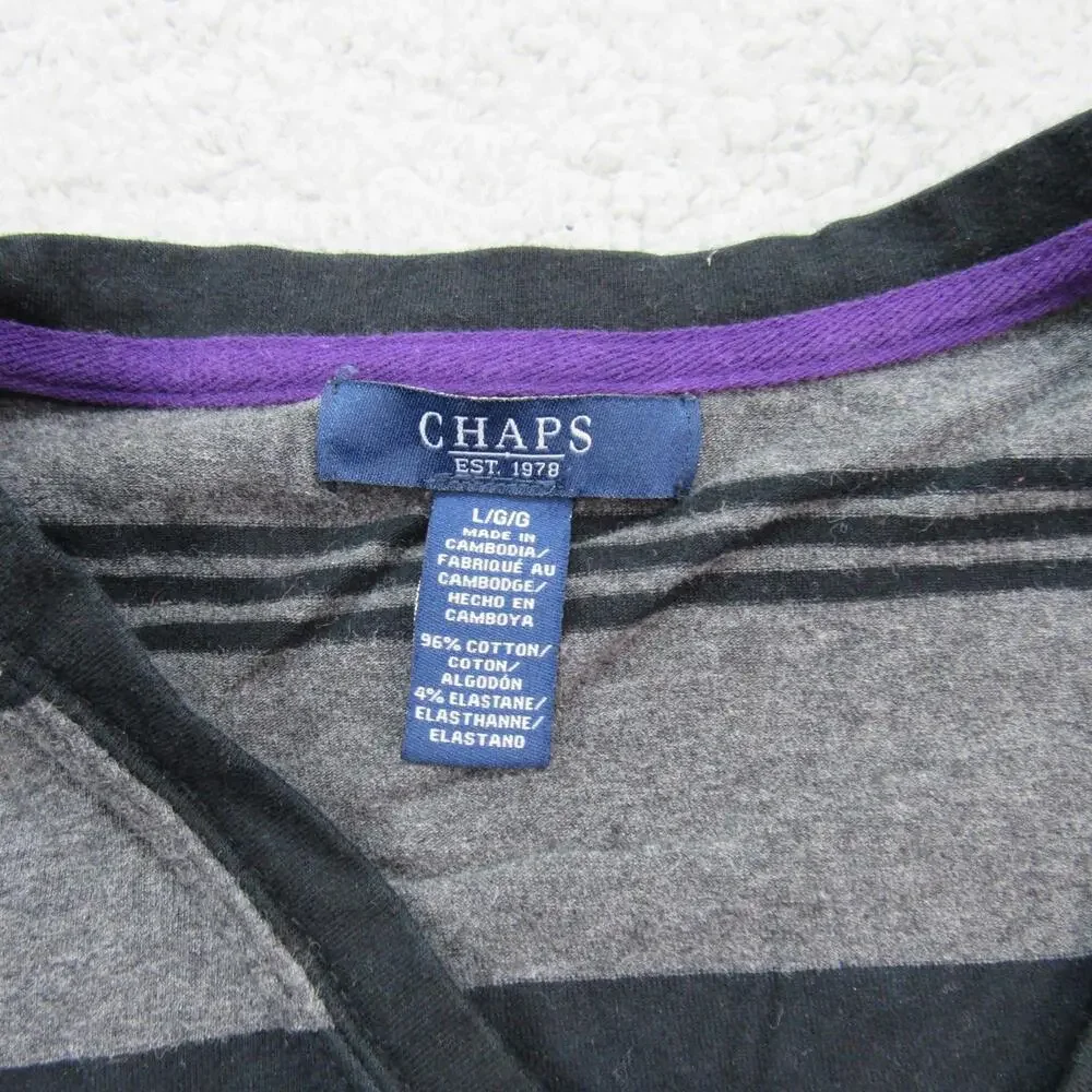 Chaps Sweater Womens Large Gray Black Purple Striped V Neck Pullover Long Sleeve